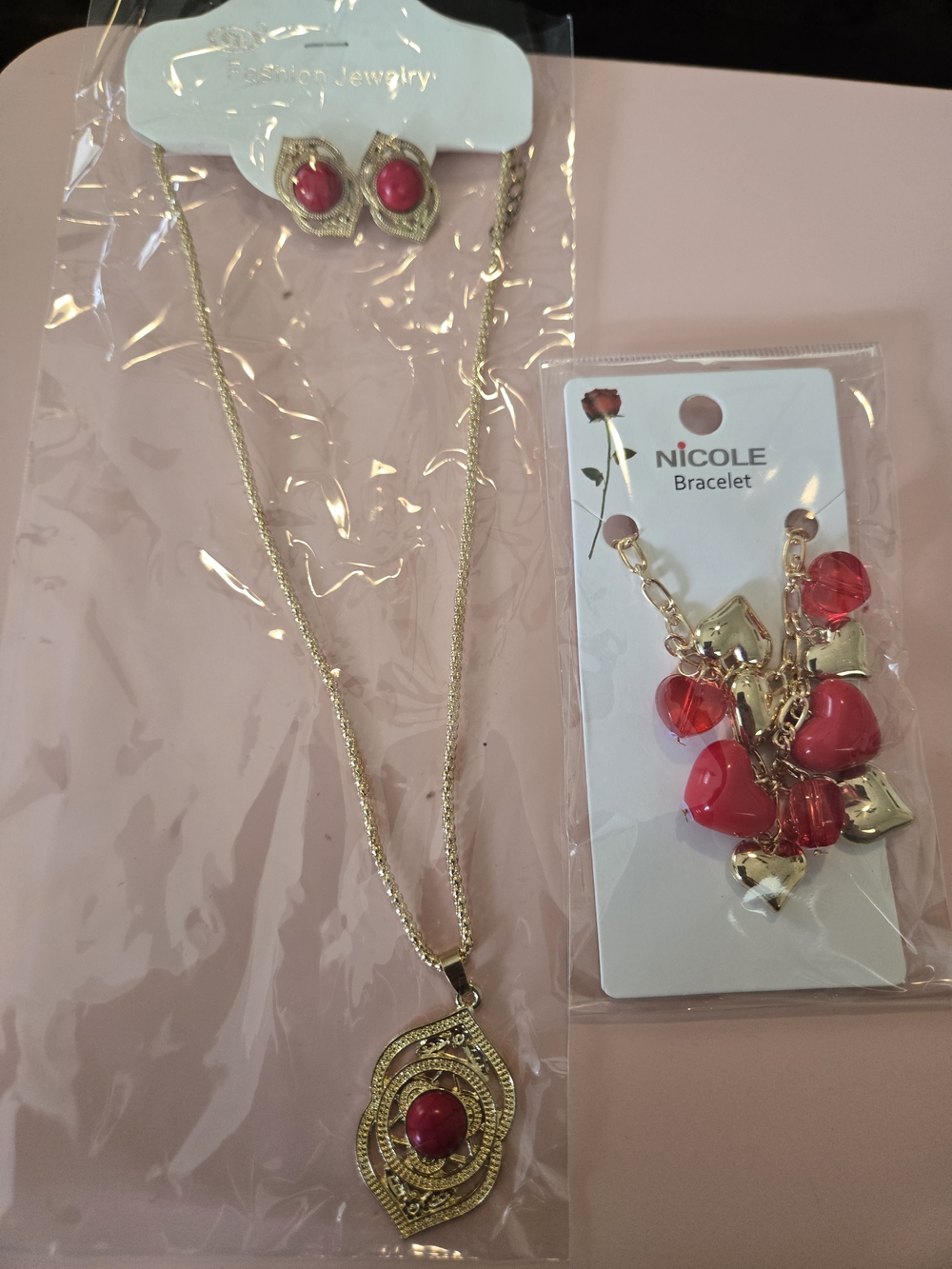 Nicole Gold-Tone Necklace and Bracelet Set with Red Accents